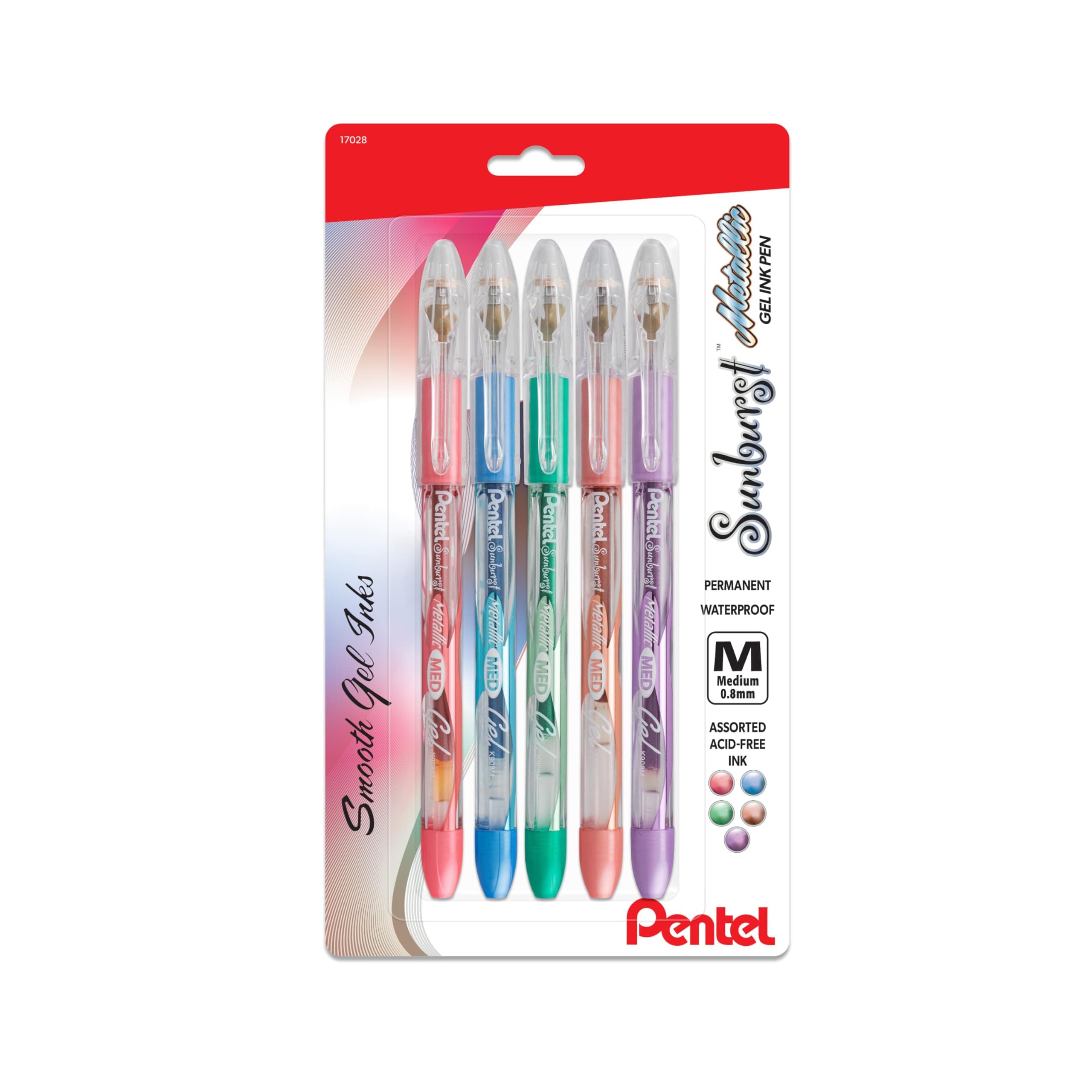 Pentel Sunburst Metallic Gel Pen, Medium Line, Permanent, Assorted Ink, 5 Pack (K908MBP5M1)