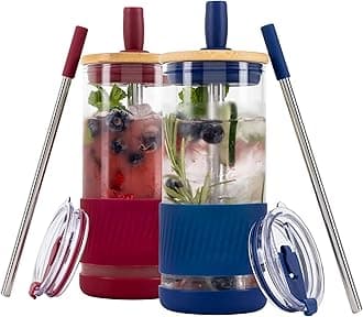 Pandaloo® Glass Cups With Lids and Straws -20 Fl Oz- Perfect Size Iced Coffee Cup - Smoothie Cup With Bamboo Lid and On the go Lid - Glass Tumbler (2 Count (Pack of 1), Boysenberry-Galactic Blue)