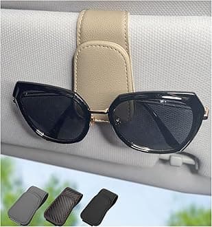 Magnetic Leather Sunglass Holder for Car, Sunglasses Clip for Car Visor, Auto Interior Accessories Universal for Different Size Eyeglasses (Beige)