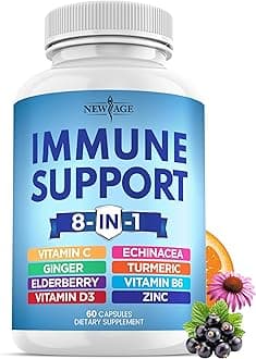 NEW AGE 8 in 1 Immune Support Booster Supplement with Echinacea, Vitamin C and Zinc 50mg, Vitamin D 5000 IU, Turmeric Curcumin & Ginger, B6, Elderberry 60 Count (Pack of 1)