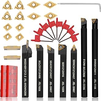 Indexable Lathe Turning Tool 21Pcs Kit 1/2'' 12mm Shank 7 Pcs Metal Lathe Tool Holder Set for Turning Grooving Threading Boring with 14 Pcs Carbide Inserts Turning Inserts Carbide Turning Tool