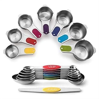 Magnetic Measuring Cups & Spoons Set, Patented, Strong N45 Magnets, Heavy Duty Stainless Steel Fits in Spice Jars for Baking & Cooking, BPA Free, Set of 15 with Leveler, Multicolor