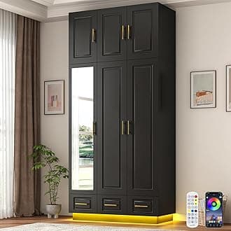 Large Armoire Wardrobe Closet Cabinet with Drawers and LED Lights, Multi-Tier Shelves, Hanging Rod, Large Capacity Storage 3 Door Wardrobe Armoire with Top Cabinet for Bedroom, Black