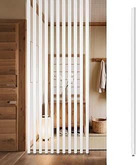 Room Divider Freestanding Wooden Partition - Floor to Ceiling Space Separator Panel for Restaurants, Offices, and Decor - Hollow Slats for Stairways and Porches