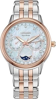 Women's Eco-Drive Calendrier, Moon Phase Diamond Accents Dial, Stainless Case and Bracelet Watch, Month/Day/Date