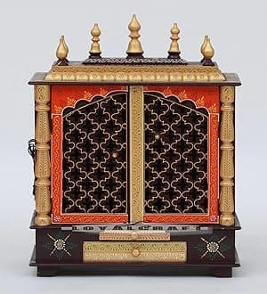 LOYALCRAFT mandir/god Stand for/Pooja Stand Home/mandap/mandapam/Pooja mandir with Doors (Medium 18x12x24 WxDxH INCH, Brown Gold)