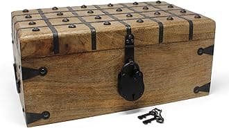 Nautical Cove Treasure Chest Wooden Box with Antique Iron Lock and Skeleton K...