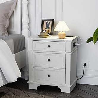 Nightstand with Charging Station, 24" W Large Nightstand with 3 Textured Drawers, Bedroom Nightstands w/Curved Legs, Bedside Table, Side Table, Vintage Night Stand, Antique White
