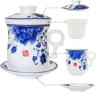 Porcelain Tea Cup with Infuser Lid and Saucer Sets - Chinese Jingdezhen Ceramics Coffee Mug Teacup Loose Leaf Tea Brewing System for Home Office