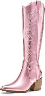 DREAM PAIRS Womens Cowboy Boots Wide Calf Comfortable Pull On Zipper Chunky Heel Pointed Toe Embroidered Western Cowgirl Knee High Boots Girls Ladies Retro Tall Boot