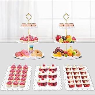 PinCute 5 Pcs Dessert Table Display Set - 2 X Cupcake Stand Holder/Cup Cake Tier Tower & 3 X Serving Tray Combo for Tea Party, Birthday, Baby Shower (Wave Round)