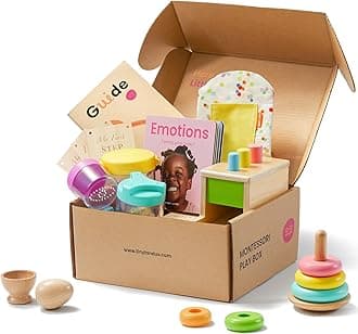 Montessori Toy Set for Babies 1 Year Old Thinker Play Kit- 5-in-1 Wooden Learning Toys with Peg Drop Box, Rocking Stacker, Egg Cup, Canister Set, and Crinkle Bag