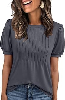 AUTOMET Womens Tops Short Sleeve T-Shirts Blouses Dressy Casual Business Puff Pleated Summer Fashion 2025 Basic Comfy Clothes