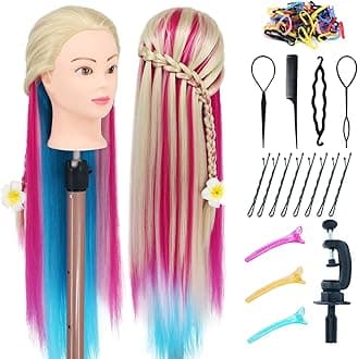 Mannequin Head with Hair, 29'' Training Head Braiding Doll Head for Hair Styling Manikin Cosmetology Mannequin Head Practice Model Head with Clamp Holder(Colorful)