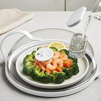 Microwave Splatter Cover with Water Steamer for Food - 10 Inch Steam Microwave Splatter Guard with Handle Splash Oven Lid with Built in Steamer Plate Covers for Heating Food - White