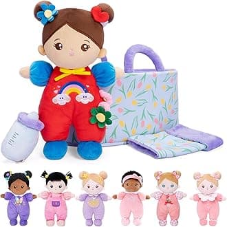 OUOZZZ Baby Soft Doll with Carrying Case and Doll Accessories Purple, 25cm Soft Doll Brown Skin, Cuddly Doll for Children from 3 Months - Baby Gift for Birth Girls Boys