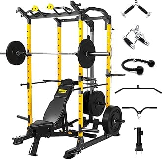2024 Upgraded T2 Power Cage Muti-Function Power Rack with Lat Pulldown System Squat Rack with Weights and Bar Set for Home Gym with Unique Training Attachment