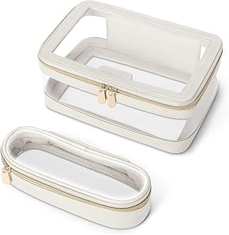Travel Clear Makeup Bag with Makeup Brush Bag, Leather Makeup Case Toiletry Bag, Portable Cosmetic Bag Case, Transparent Waterproof Cosmetic Organizer Storage Bag for Women, Medium, Off-White