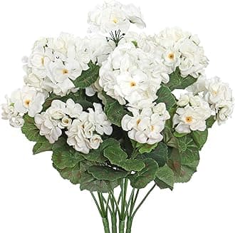 Artificial Flowers for Outdoors, 4 Pack Artificial Geraniums Silk Flowers UV Resistant Outdoor Plants Faux Flowers Geraniums for Home Outdoors Garden Window Wedding (White)