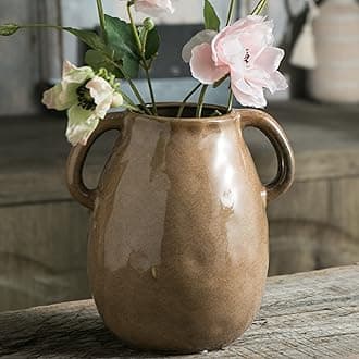 Brown Ceramic Vase with 2 Handles, Modern Farmhouse Decor, Rustic Terracotta Pottery, Decorative Flower Vases, Clay Small Vase, Centerpiece for Dining Table - 7 Inch Tall