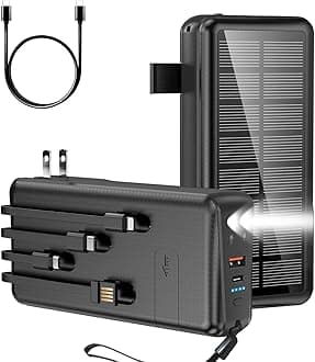 Portable Charger with Built in Cable and Wall Plug 30000mAh 22.5W Fast Charging Solar Power Bank with 5 Output & 2 Input Dual LED Flashlights Phone Holder External Battery Pack (Black)