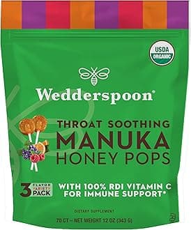 Wedderspoon Organic Manuka Honey Lollipops, Variety Pack, 70 Count (Pack of 1) Genuine Manuka Honey + Vitamin C No Artificial Flavors or Dye Feel Better Lollipop for Kids & Grown-ups