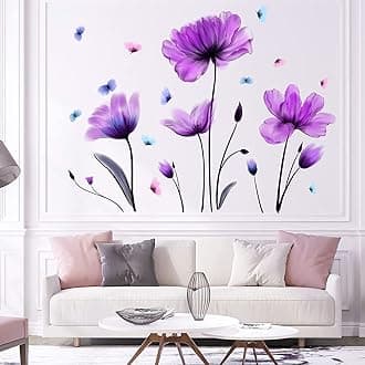 Wajade Wall Stickers Purple Flower Wall Stickers for Bedroom Butterflies Tulip Wall Decals Removable Self-Adhesive Wall Stickers & Murals for Living Rooms Hallway