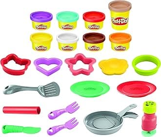 Play-Doh Kitchen Creations Flip 'n Pancakes Playset 14-Piece Breakfast Toy for Kids 3 Years and Up with 8 Non-Toxic Modelling Compound Colours