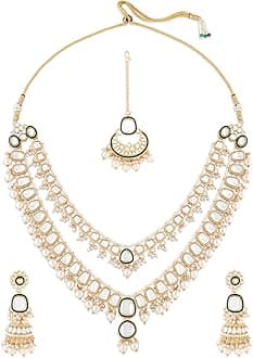 Green Meenakari Kundan Pearls Layered Bridal Necklace Earring & Maangtikka Set For Women-ZPFK17357