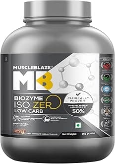 MuscleBlaze Biozyme Iso-Zero, Low Carb Whey Protein Isolate, 26.4g Isolate Whey Per Scoop (Swiss Chocolate Hazelnut, 2kg / 4.4lbs) with USA Patent-Published Enhanced Absorption Formula (EAF®)