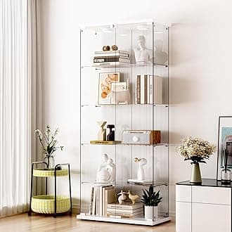 Glass Display Cabinet 5-Shelf 2 Doors with 2 LED Push Lights with Remote Control, Locking, 5mm Tempered Glass Floor-to-Ceiling Glass Bookcase for Bedroom, Living Room, White