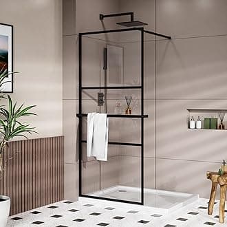 Goodyo 34" x 72" Shower Door Tempered Glass Shower Screen with Tool Bar Towel Rack for Walk in Bathroom 3-Grid Style