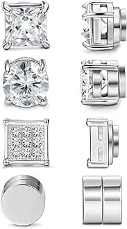 Jstyle 4 Pairs Stainless Steel Magnetic Stud Earrings for Men Women Silver Tone CZ Non-Piercing Clip On Stud Earrings Set 6-8MM