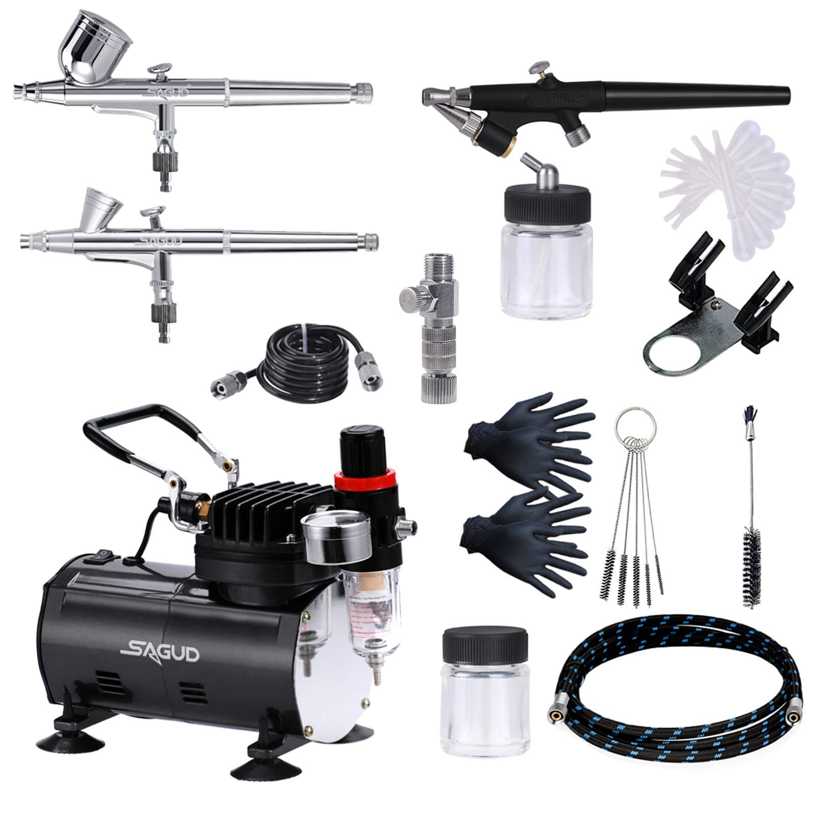SAGUD Airbrush Kit with Compressor, Air Brush compressor set with 3 Professional Air brushes for Model Painting,Gravity Feed and Siphon Feed Airbrush Gun for Nail,Cake,Nails,Body,Hobby.