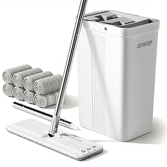 JOYMOOP Mop and Bucket Set with Manual Wringing Function - Flat Floor Mop with Long Handle for Wall Cleaning - Includes 8 Reusable Microfiber Pads for Wet and Dry Mopping - Suitable for Wood Floors