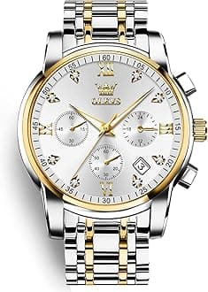 – Men's Chronograph Watch, Gold Silver Tone Stainless Steel Analog Quartz Watch, Multi-Function Waterproof Date Diamond Roman Numerals Dial Dress Watch for Men