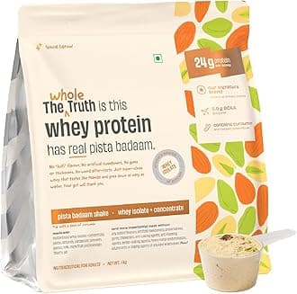 The Whole Truth Whey Protein Isolate+Concentrate | Pista Badaam Shake 1 kg (2.2 lbs) | 24g Protein per scoop | 5.9g BCAA | 100% Authentic Whey | Real Pista Badaam Flakes | No Artificial Flavours
