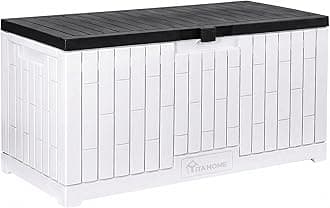 YITAHOME 120 Gallon Large Deck Box, Resin Outdoor Storage Box w/Lockable Black Lid for Outdoor Pillows, Garden Tools and Pool Supplies, Waterproof, Lockable, Grayish-White