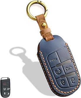 Leather Key Fob Cover, Compatible with Jeep Grand Cherokee Renegade Compass Chrysler Dodge RAM Durango Challenger Journey Dart Fiat, No Screw Design Key Holder Protector (Blue)