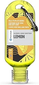 Palm Safe Lemon 60ml Anti Bacterial Premium Hand Sanitiser Travel Size Refillable Clip Bottle Quick Drying Non Sticky Extra Moisturising Kills 99.9% of Viruses and Bacteria