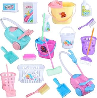 22 Pieces Miniature Bucket Doll Housework Cleaning Supplies Mini Dollhouse Accessories Mop Dustpan, Brush, Broom, Bucket Dollhouse Furniture Decoration Accessories for Dolls Pretend Play, Random Color