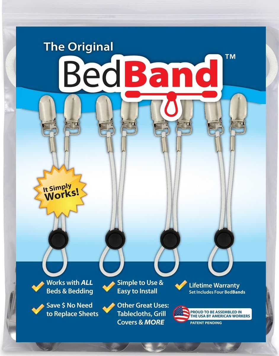 Bed Band- White. Original Bed Sheet Holder Straps (1 Pack) - USA Company- Sheet Grippers Suspenders with Smart Cordlock Button - Adjustable Fitted Sheet Holders with Bedsheet Clips - Corner Fasteners.