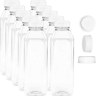 16 OZ Empty PET Plastic Juice Bottles - Pack of 10 Reusable Clear Disposable Milk Bulk Containers with Black Tamper Evident Caps Lids (10-Pack)