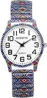 Women's Stretch Band Watches: Ladies Boho Printed Elastic Strap Easy Reader Analog Quartz Bangle Wrist Watch