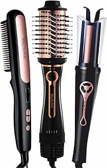 Urban yog Hair Styling Combo|Hot Air Brush,Automatic Hair Curler & Straightening Brush|3-in-1 Dryer,Volumizer,Curler,Straightener|Ceramic Coating,Anti-Scald|Salon Quality at Home,Black,1200 Watts