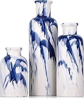 Blue Ceramic Vase Set of 3 - Navy Blue and White Decorative Vase for Centerpieces, Farmhouse and Home Decor - Ideal for Living Room, Kitchen, Bedroom, Dining Table and Office