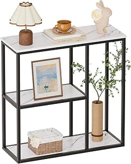 WOHOMO Console Table, 12 Inch Narrow Entryway Table for Living Room, 31.5 Inch Modern Industrial Sofa Table with 3-Tier Storage Shelves for Corridor, Hallway, White Marble