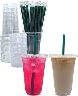 Aatriet 20 oz Clear Plastic Cups with Lids and STRAWS, Disposable Party Cups for To Go Iced Coffee Cold Drinks, Smoothie, Juice, Parfait, Frappuccino, Milkshake. No Leaking Fruit Cup, 25 Sets