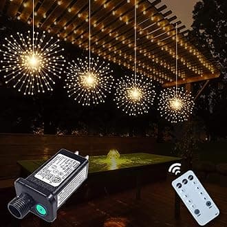 4 Pack 800 LED Plug in Starburst Sphere Lights,Firework Light 8 Modes Dimmable Remote Control,Waterproof Copper Wire Hanging Fairy Lights for Patio Parties Tent Christmas (Warm White)