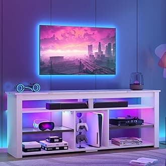 Bestier TV Stand for 70 inch TV, Tall Entertainment Center with 2 Led Lights, Gaming TV Console with Storage for PS5, Modern TV Cabinet for Bedroom, Living Room, White Marble